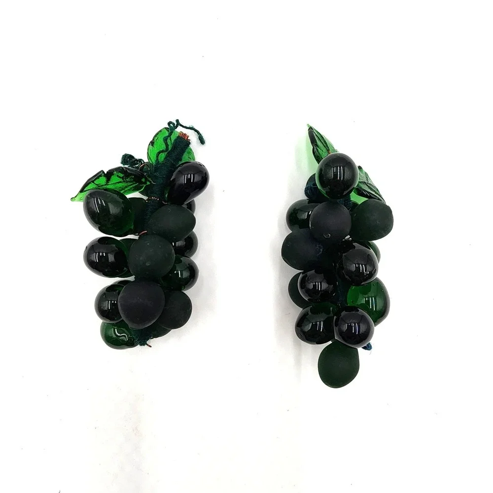 Vintage Green Glass Grape‎ Cluster Set of 2 Fruit Decor Mid Century Table Accent